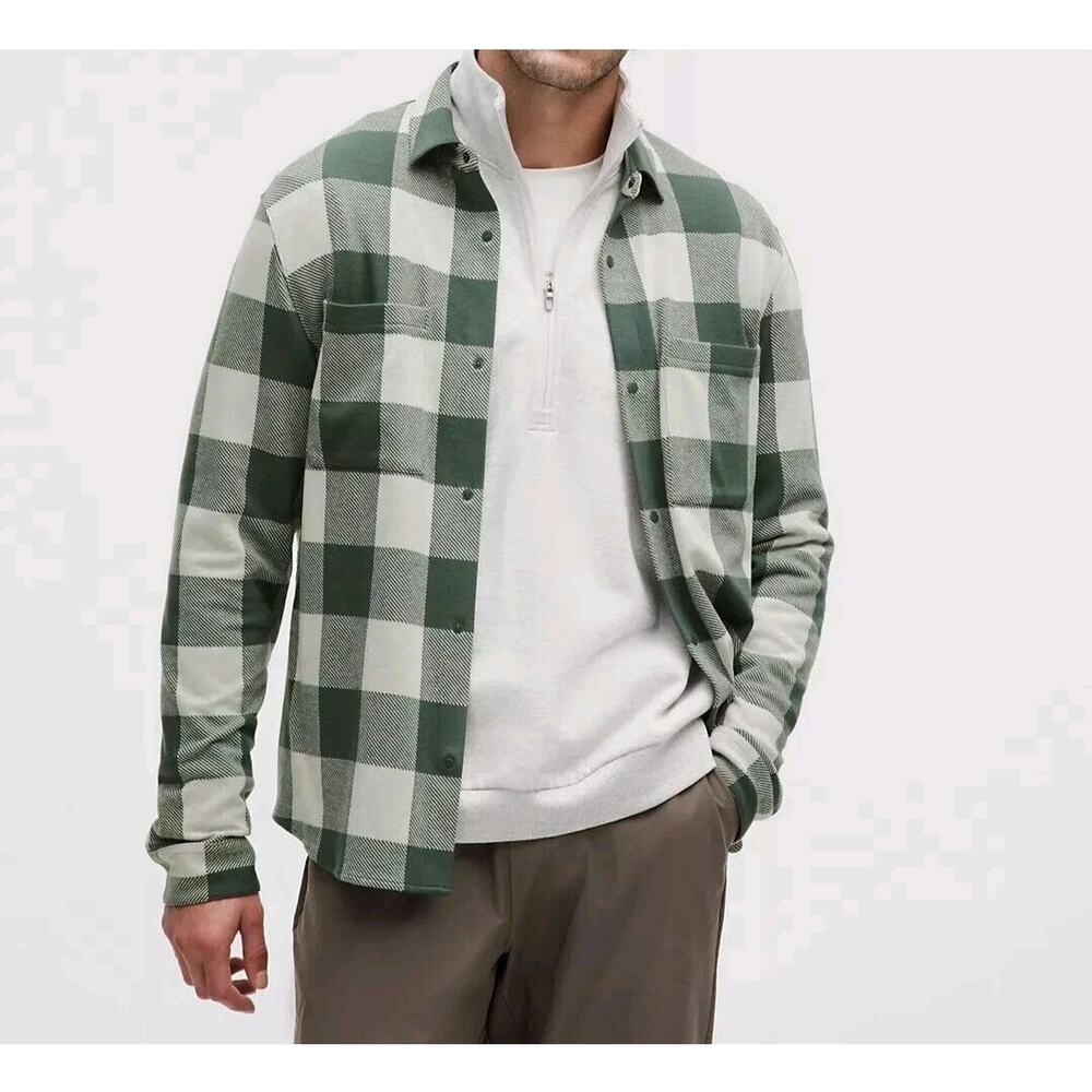 Lululemon Soft Knit Overshirt Mens Large Check Plaid Forest Green Bone White NWT